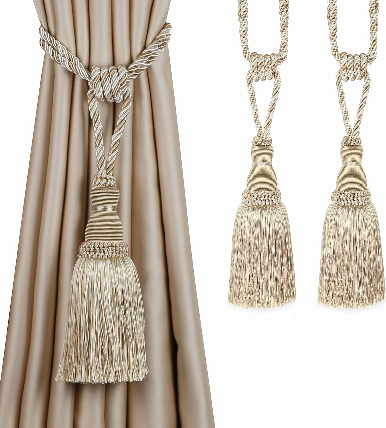 Window Treatment Hardware - BEL AVENIR 2 Pack Curtain Tiebacks Tassel Drapery Tie-Backs Rope Handmade Holdbacks Home Office Hotel Decorative (Mix Beige)