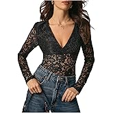 Floerns Women's Floral Lace Deep V Neck Date Night Tops Sheer Mesh Long Sleeve Slim Fit Going Out T Shirts