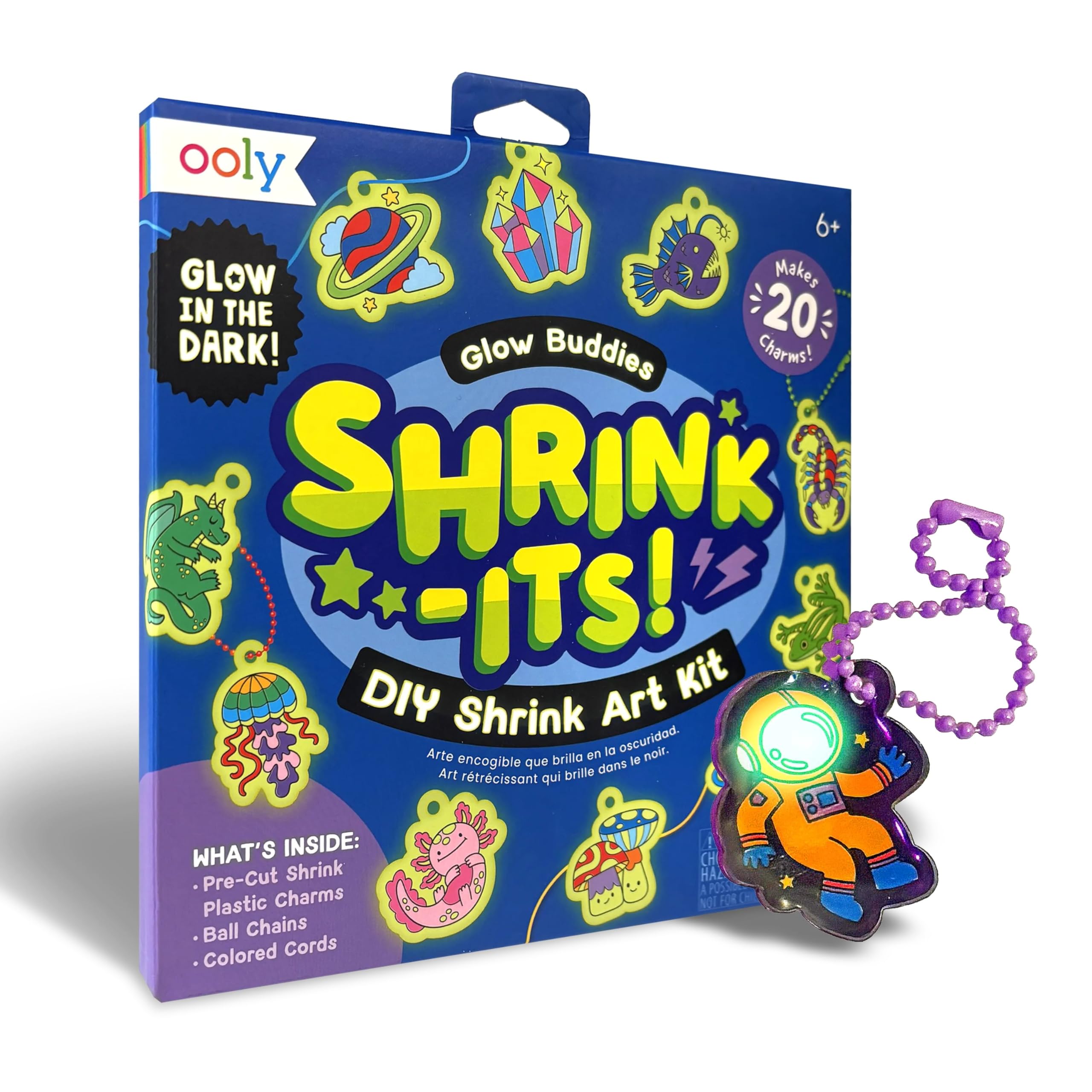 Ooly 28 PC DIY Shrinking Art Kit for Kids, 20 Glow in The Dark Plastic Pre Cut Charms and More, No Mess Creative Activity Jewelry Making Kit - Glow Buddies