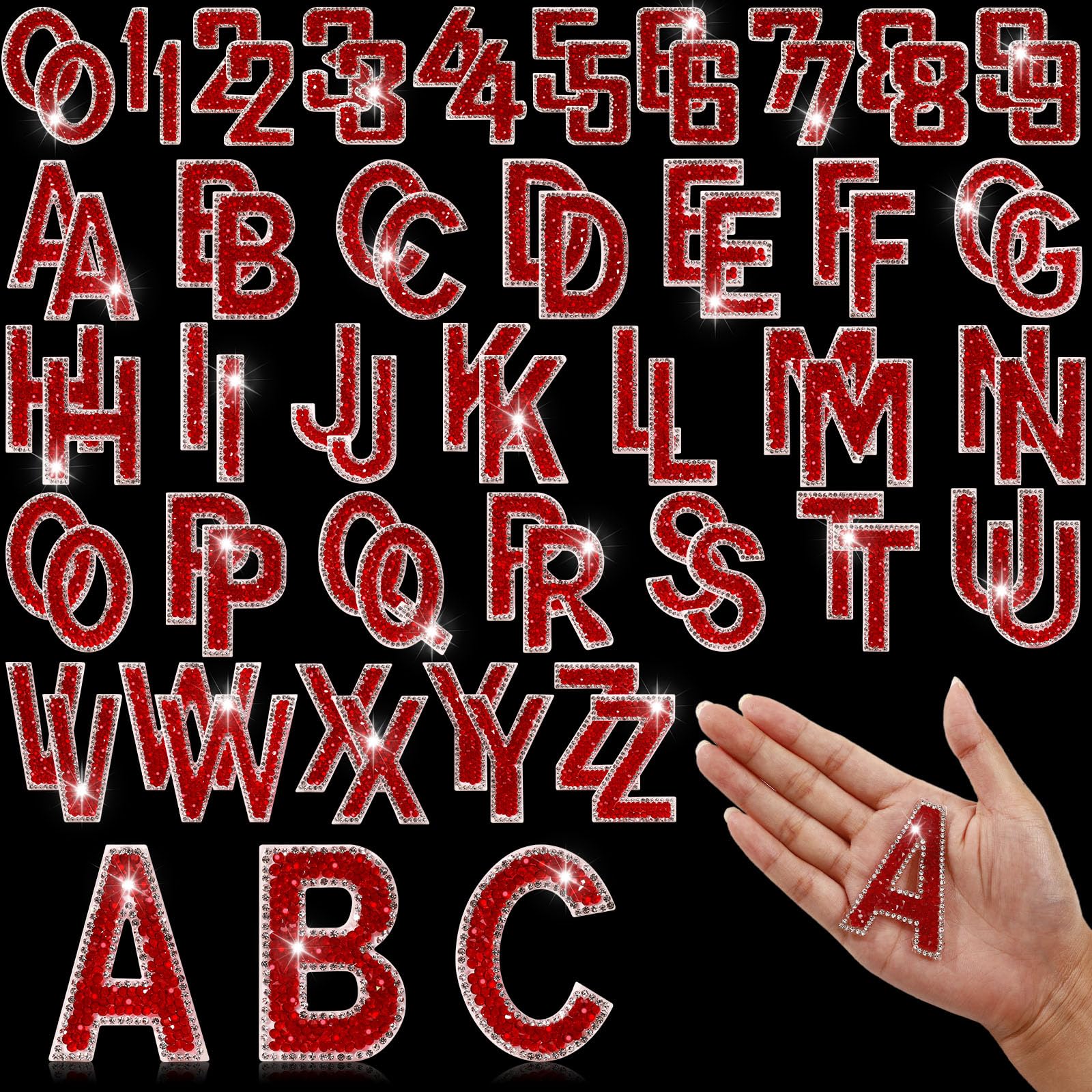 Photo 1 of 72 Pcs Rhinestone Letter Stickers - Crystal Alphabet A-Z & Number 0-9 Self-Adhesive Letter Patches Bling Glitter Stickers for Clothing Craft Decor (Red)