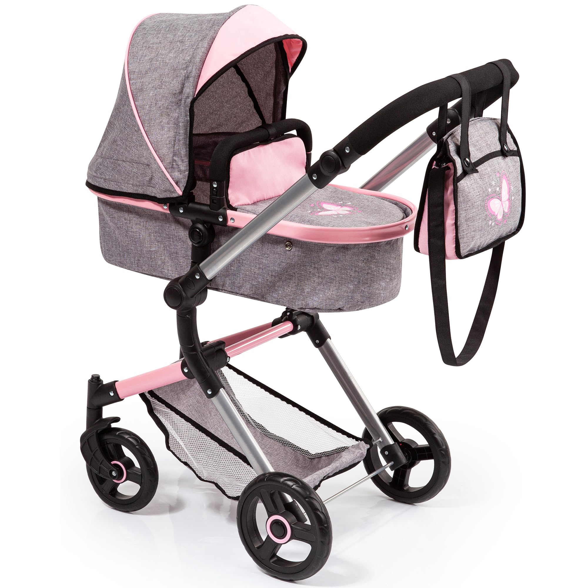 Bayer Design 18433AA Dolls Pram NEO Vario stroller, bag, convertible, foldable, adjustable handle, Grey Jeans-look, Pink, Butterfly