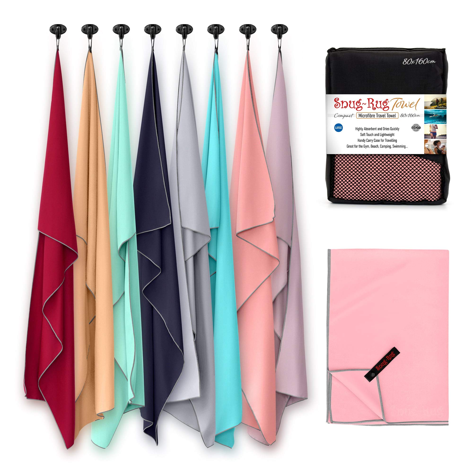 Snug Rug Microfibre BeachTowel Large 80 x 160cm – Super Absorbent Quick Drying Lightweight Sand Proof Beach Towels Salmon Rose Pink