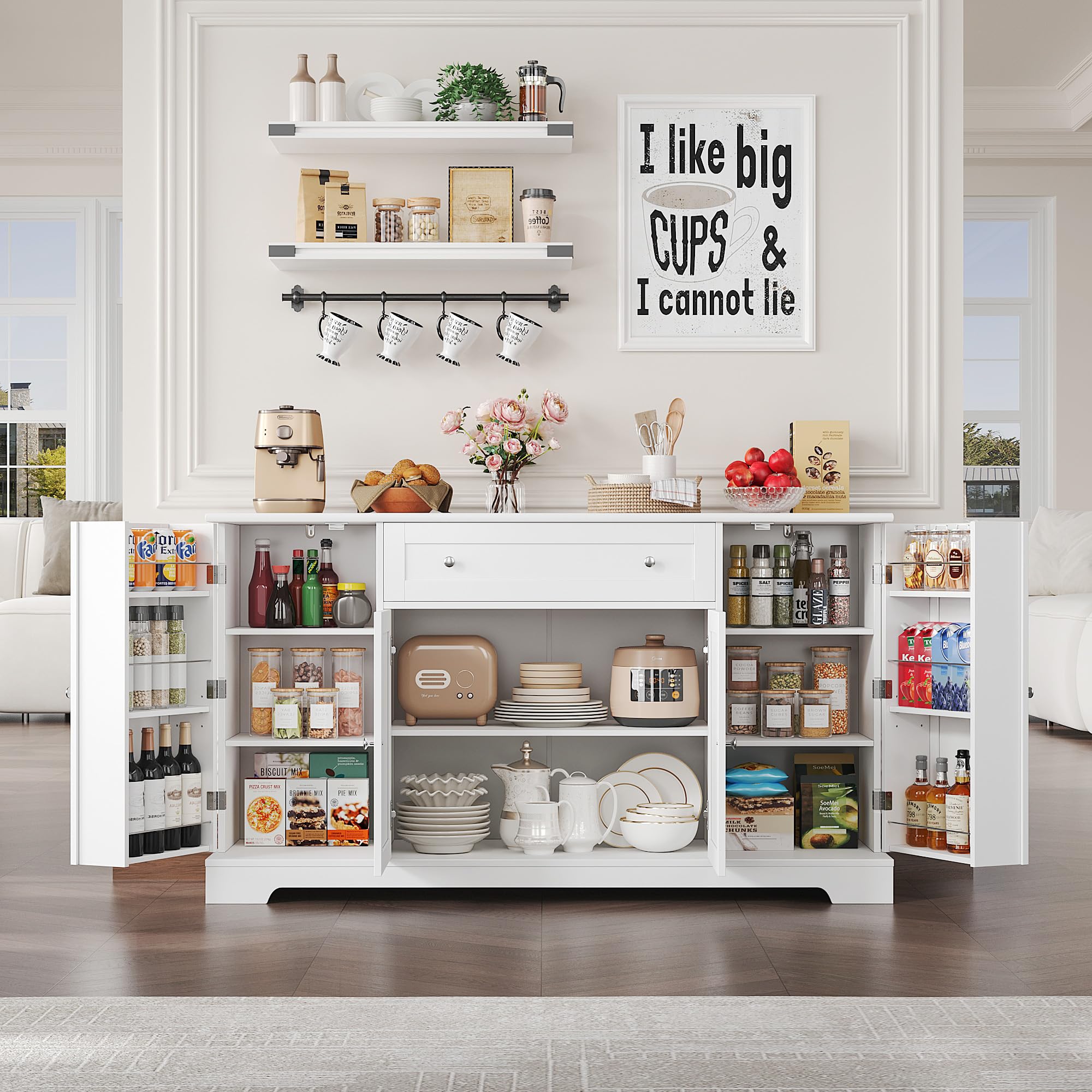 Photo 1 of **NO DOORS, NO DRAWERS**HITHOS 54" Buffet Cabinet with Storage, Modern Kitchen Buffet Sideboard with Drawer, Wood Coffee Bar Station with Adjustable Shelves, Kitchen Storage Cabinet for Living Room, White