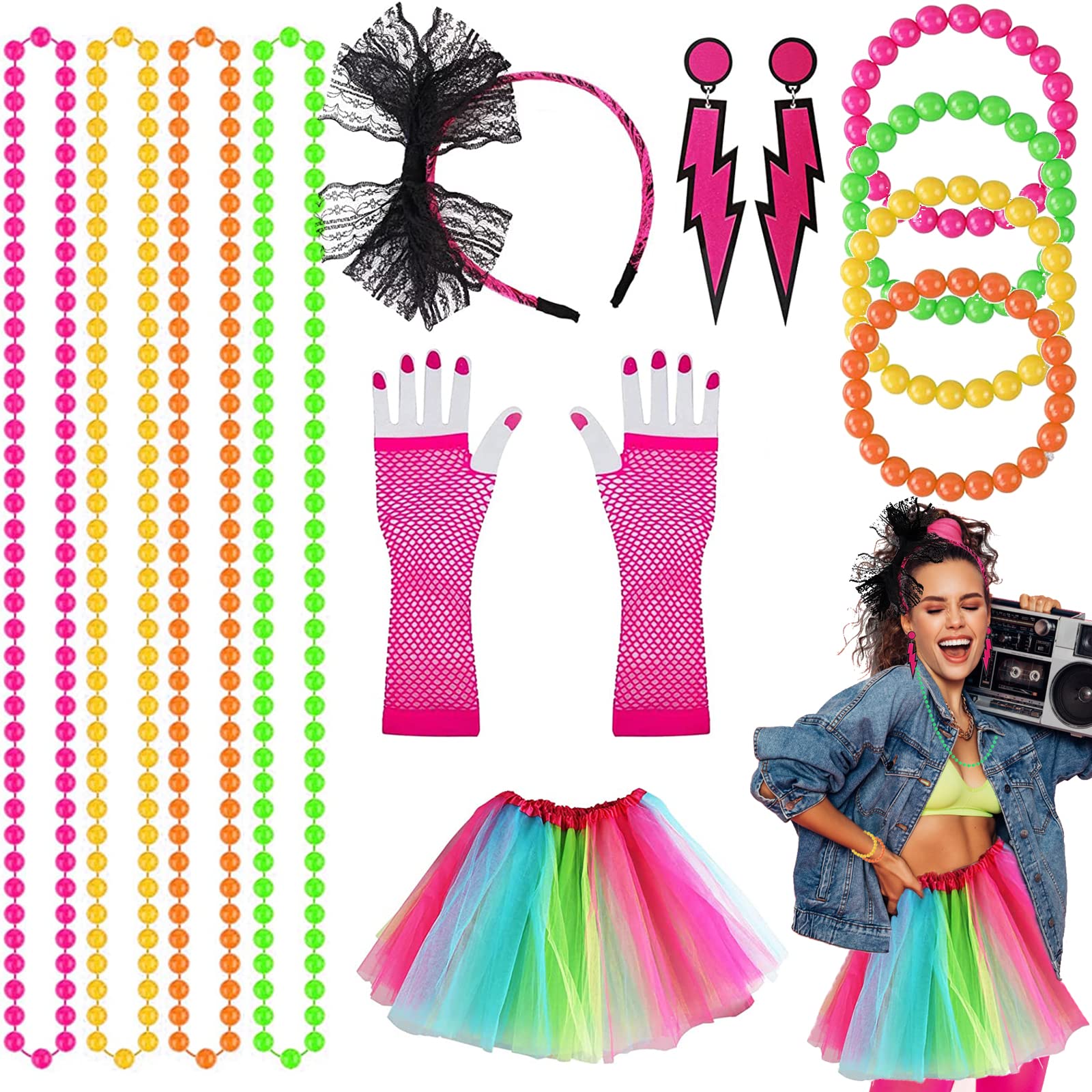 Kulannder 6 Pcs 80s Fancy Dress Costume Accessories for Women and Girls, Retro Women Dresses Party with Neon Rainbow Dress Glove Neon Bracelets Necklaces Lace Bow Headband for 1980s Party