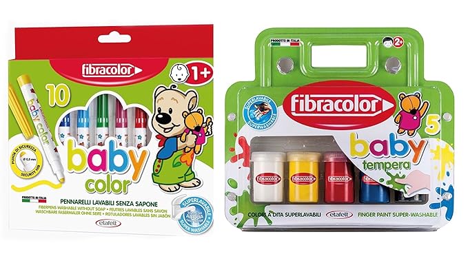 Fibracolor Baby Farbe Faser Färbung Stifte (Packung mit 10) Plus Baby Farbe Tempera Finger Farbe (Packung mit 5) Super Waschb