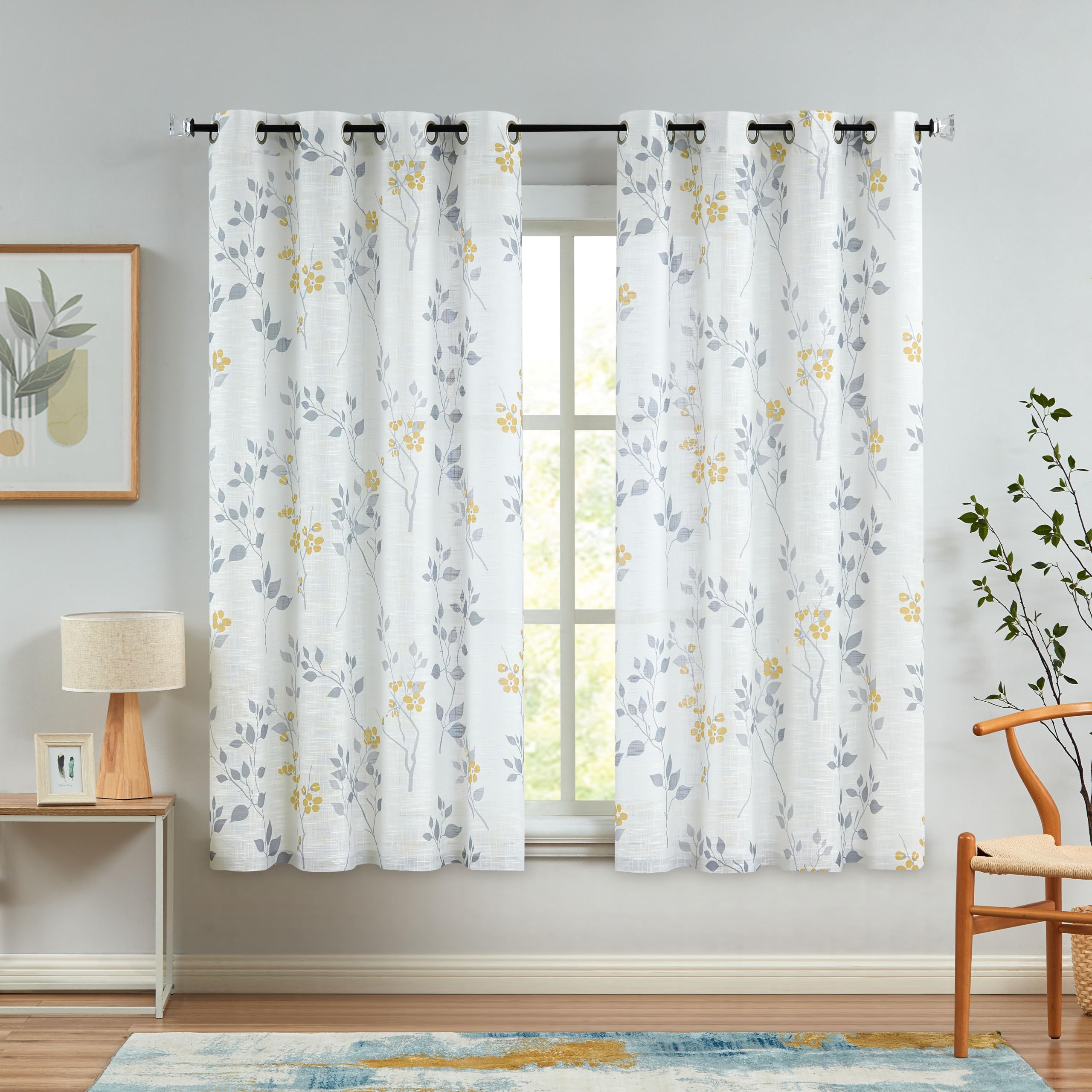Beauoop Yellow Grey Semi Sheer Floral Curtains for Living Room Bedroom 54 Inch Drop Linen Textured Farmhouse Curtains Leaf Printed Eyelet Rustic Drapes Window Treatment Set 2 Panels