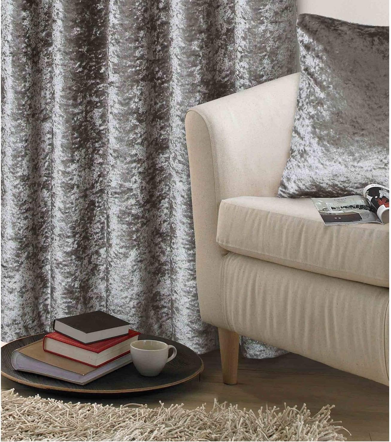 Rapport CRUSHC-6672-SILV Crushed Velvet Lined Eyelet Curtains, Silver, 66 x 72-Inch, W 66" x L 72" (1 Panels) - Image 3