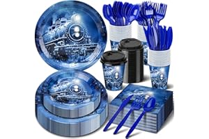 Blushtier 175 Pcs Christmas Party Tableware Train Party Supplies for Serve 25 Person Train Believe Plates Napkins Hot Cocoa Cups Disposable Knives Forks Spoons Dinnerware Polar Decoration