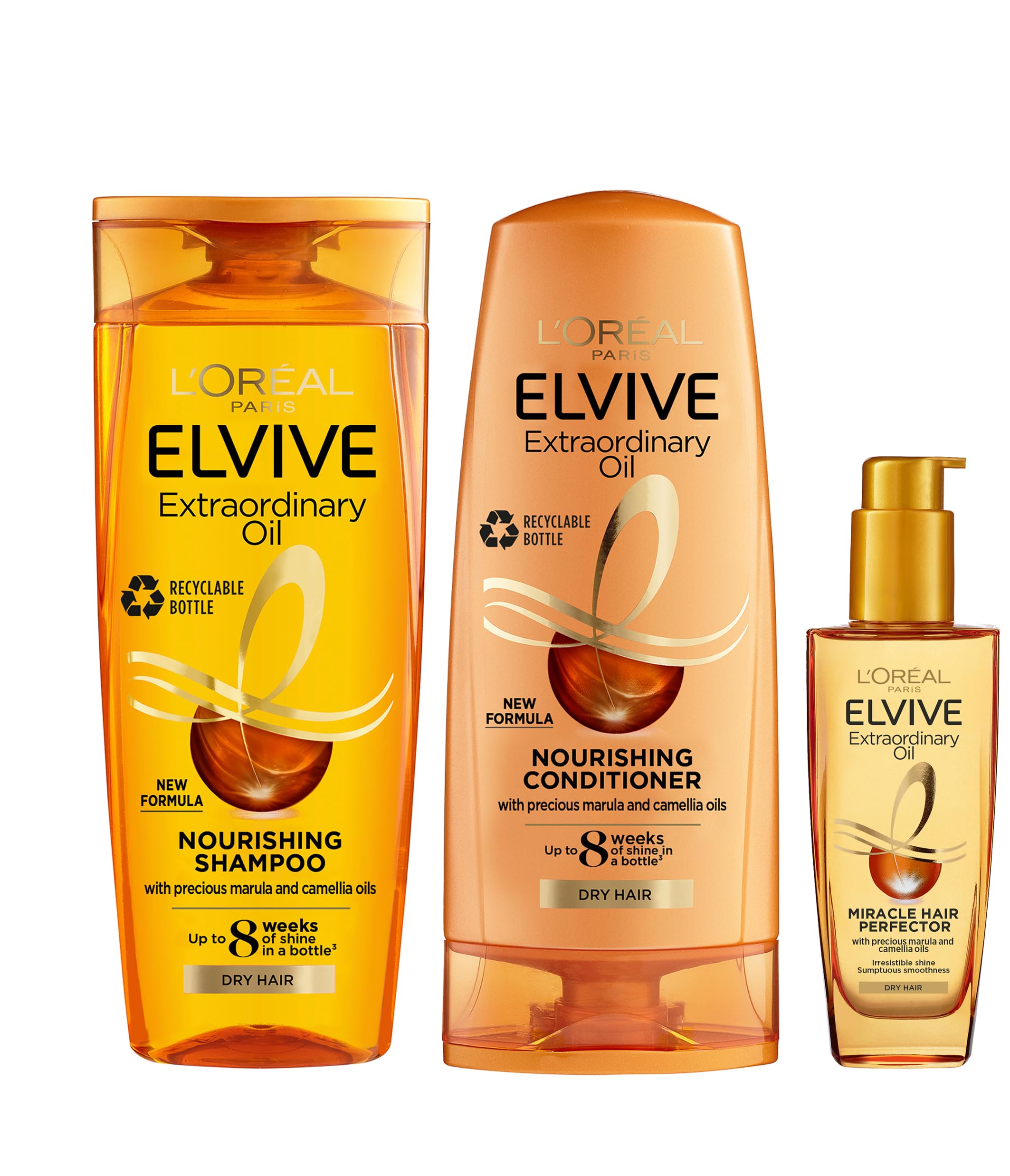 L'Oréal Paris Elvive Extraordinary Oil Set for Dry Hair, Deep Nourishing Routine, Infused With Precious Marula And Camellia Oils, Silicone Free, Shampoo 400ml, Conditioner 300ml, Hair Oil 100ml
