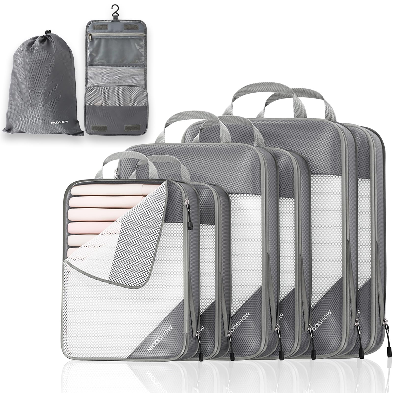 Juego de 8 cubos de embalaje de compresión, cubos de embalaje comprimibles que ahorran espacio para viajes, bolsas de compresión, organizador de equipaje, artículos esenciales de viaje para mujeres, color beige