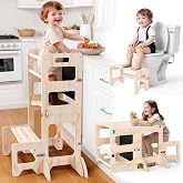 Toddler Kitchen Step Stool, 4-in-1 Foldable Standing Tower with Blackboard, Anti-Tip Learning Tower for Kitchen Counter &amp; Bathroom Sink, Kitchen Helper Stool for Kids, 1-3 Year Old Boy Girl Gifts