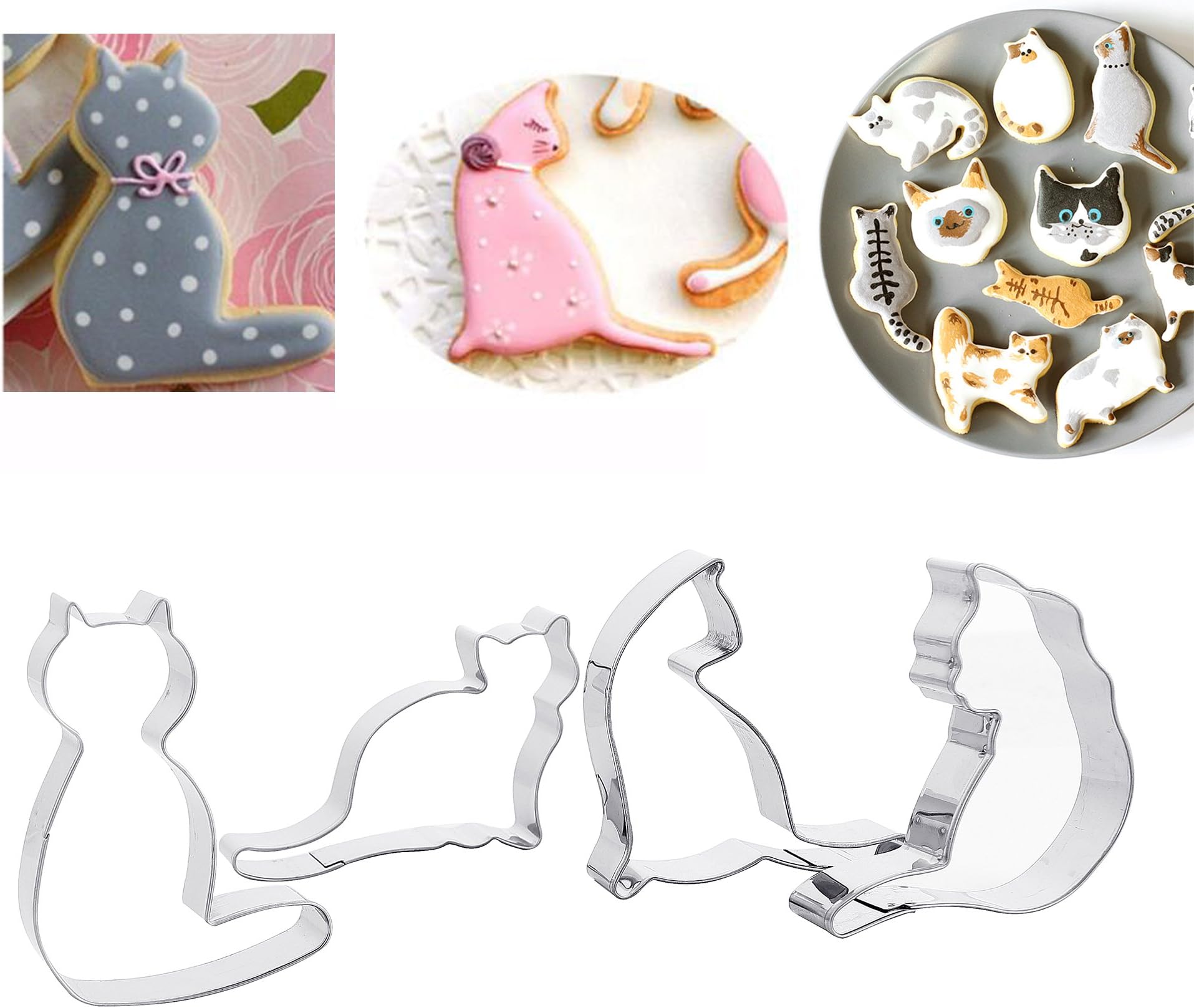 Efivs Arts 4pcs Cute Cat Shape Cookie Cutter Stainless Steel Fondant Cutter Cake Decoration Tool Set for Small Animals Themed Party