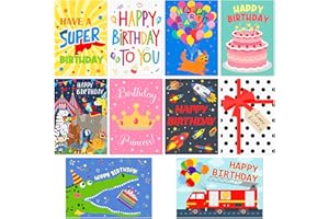 Hooqict Birthday Cards for Kids (4"x6") 10 Assorted Happy Birthday Cards with Envelopes and Greetings Inside (Carnival, Princess, Cake, Animals, Space, Gift Box, Balloons) for Boys Girls 1 2 3 4 5+