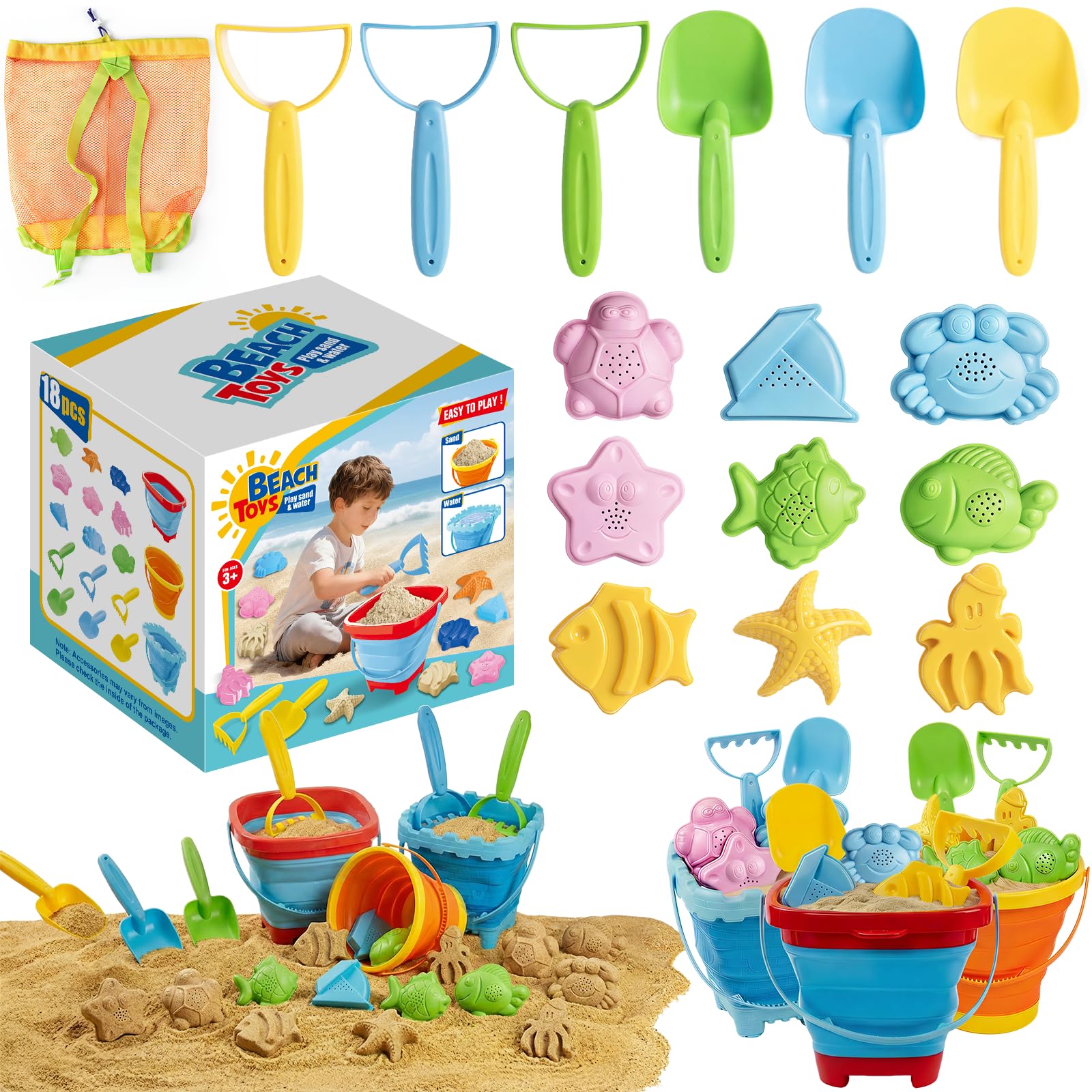 Cozycharm Beach Sand Toys Set for Toddlers, Portable Travel Beach Toys with 3 Collapsible Buckets, 3 Shovels, 3 Rakes, 9 Molds & Backpack for Kids, Summer Gift，Beach Tourism