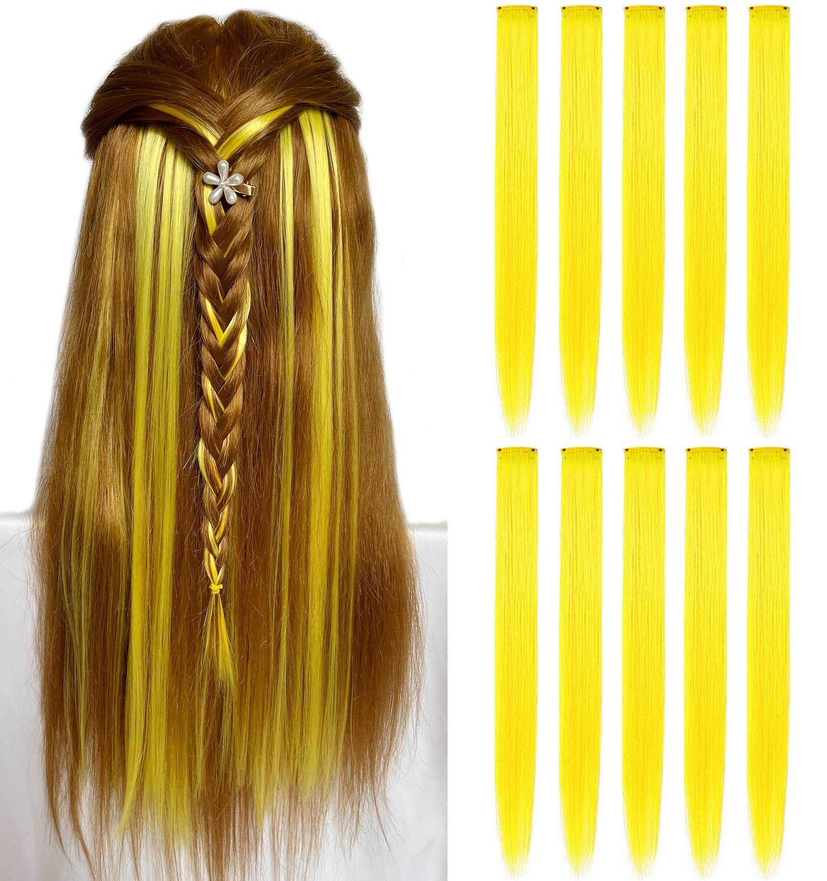 MQY COLOR 9PCS 21'' Yellow Hair Accessories Colored Clip in Hair Extensions for Girls Party Highlights Synthetic Long Straight Colorful Hairpieces for Woman Girls (Yellow)