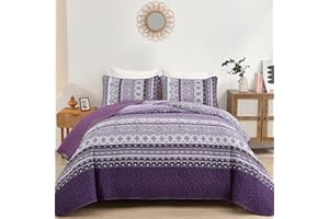 WONGS BEDDING Boho Quilt Set King Size, Purple Bohemian 3 Pieces Quilts Bedspread Set Stripe Lightweight Microfiber All Season Bedding Coverlet Set for King Bed (104"x90")