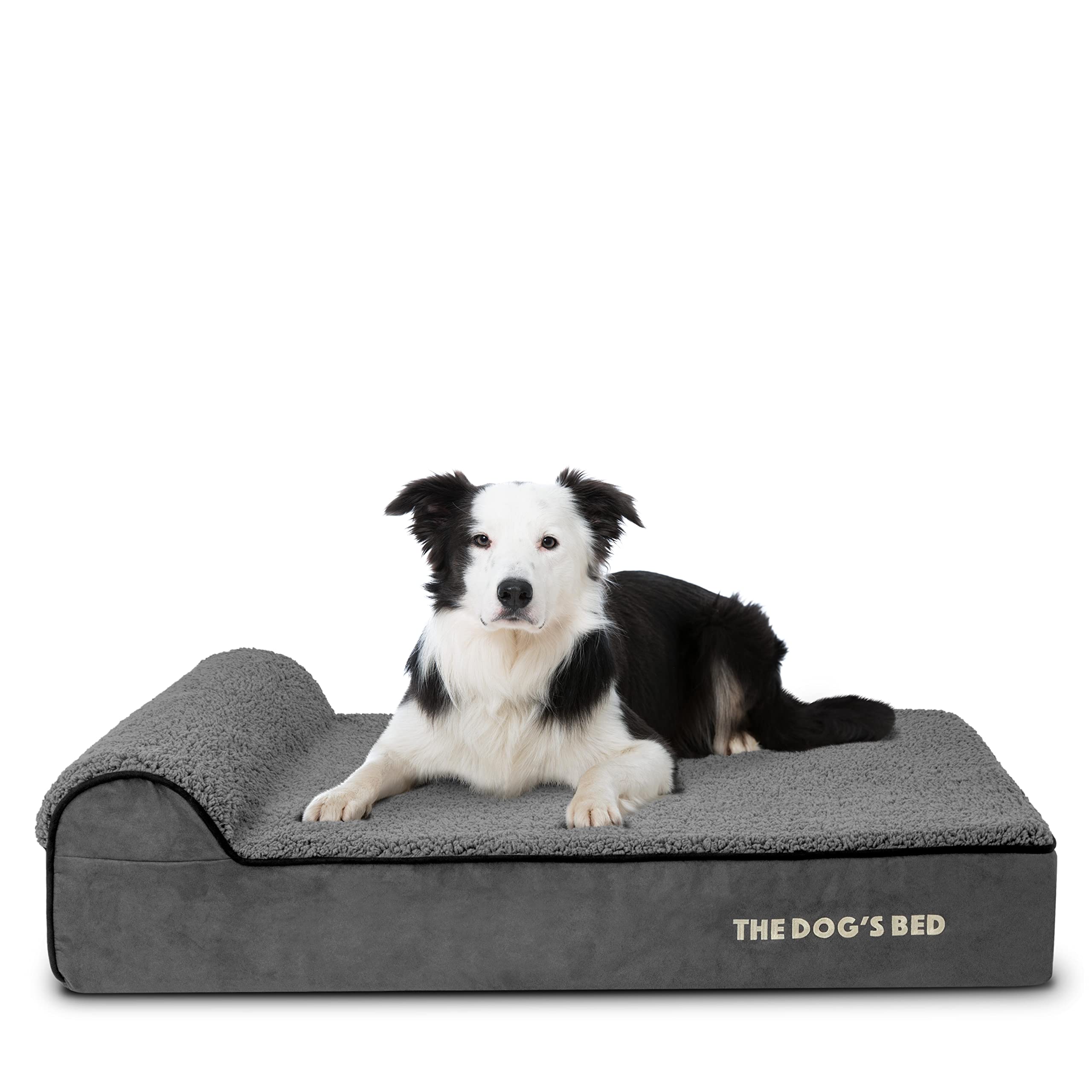 The Dog’s Bed – Orthopaedic Memory Foam Bed with Headrest, Grey Plush, Large, 15cm