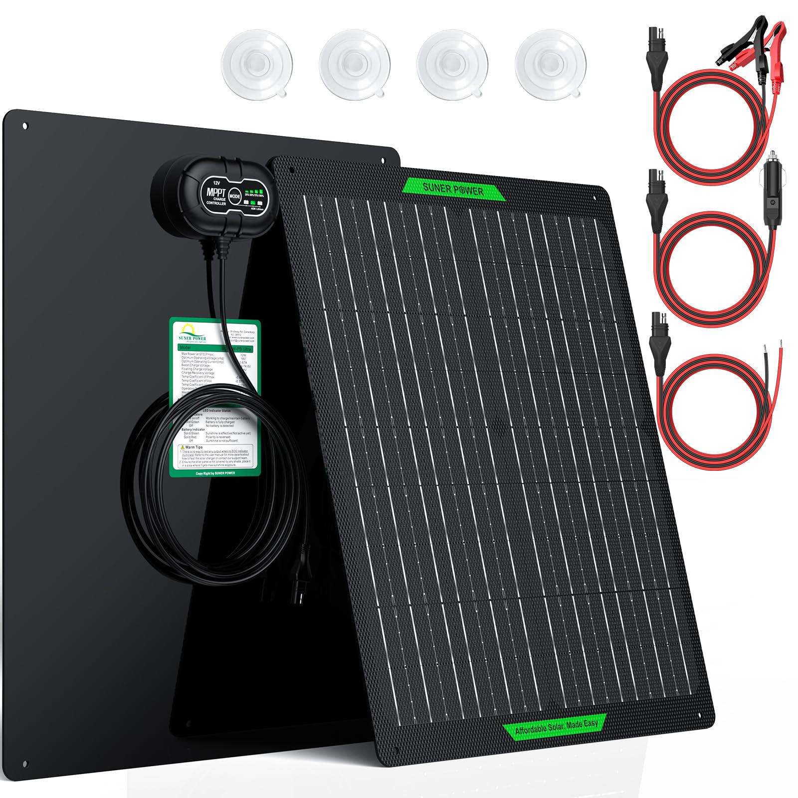 Photo 1 of SUNER POWER Waterproof 30W 12V Solar Battery Charger & Maintainer PRO, Built-in UltraSmart MPPT Charge Controller, 12 Volt Solar Panel Trickle Charging Kits for Car Automotive Boat Marine RV Trailer