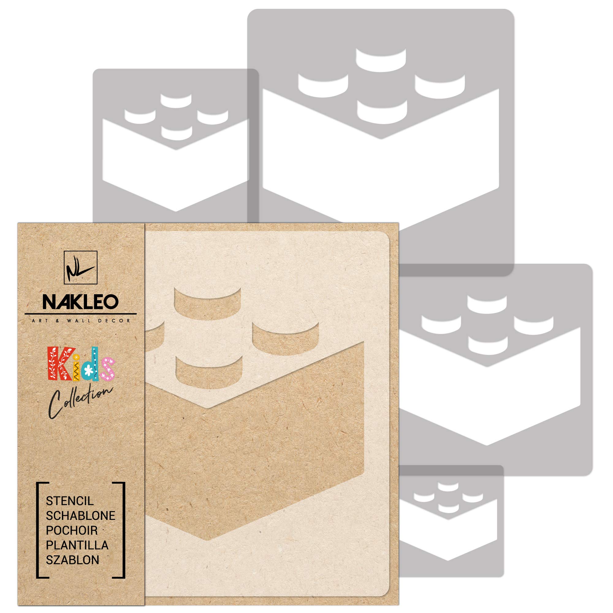 NAKLEO Painting Stencils Set for Nursery Room, 5 Pcs Templates 9x9 to 34x34cm Building Block Brick, Plastic and Reusable Drawing Stencils, Decor, Craft DIY Wall Furniture
