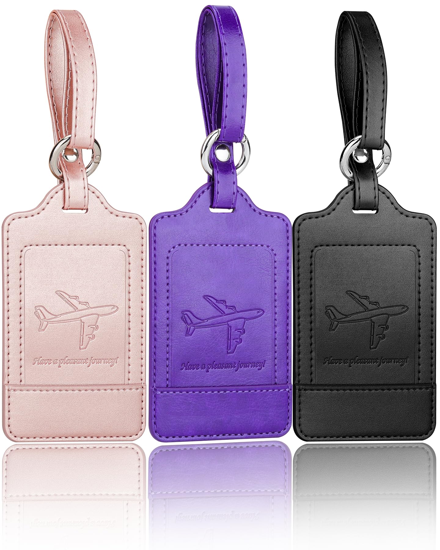 Teskyer Pack of 3 Luggage Tags, PU Leather Luggage Tags for Suitcases, Luggage Labels with Name ID Card, Noticeable, Durable, Travel Accessories, Rose Gold Purple Black