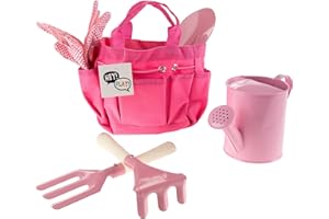Hey! Play! Kid’s Garden Tool Set with Child Safe Shovel, Rake, Fork, Gloves, Watering Can and Canvas Tote- Mini Gardening Kit for Boys and Girls , Pink 4 x 7 x 6 inches