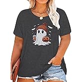 Plus Size Halloween Shirts for Women Cute Ghost Pumpkin Shirt Fall Spooky Graphic Coffee Lover Short Sleeve Tops