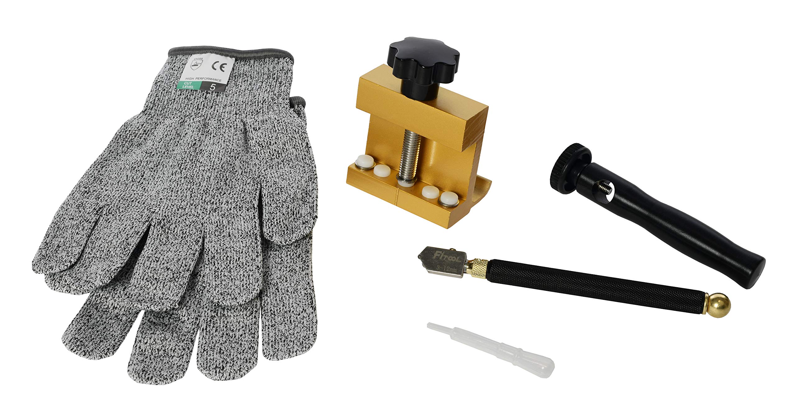 4-Piece Glass Tile Cutting Breaking Tools Set, Glass Cutter and Booster, Glass Running Breaking Splitting Vice Plier, EN388 Cut Protective Gloves, Professional Glass Tile Cutting Running Tools 4-Pack