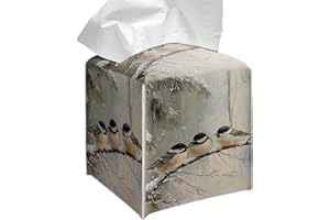 Grace Yonks Winter Tissue Box Cover Square, Birds on Snowy Branch Design Cube Case for Facial Tissues, 5.2" PU Leather. (100)
