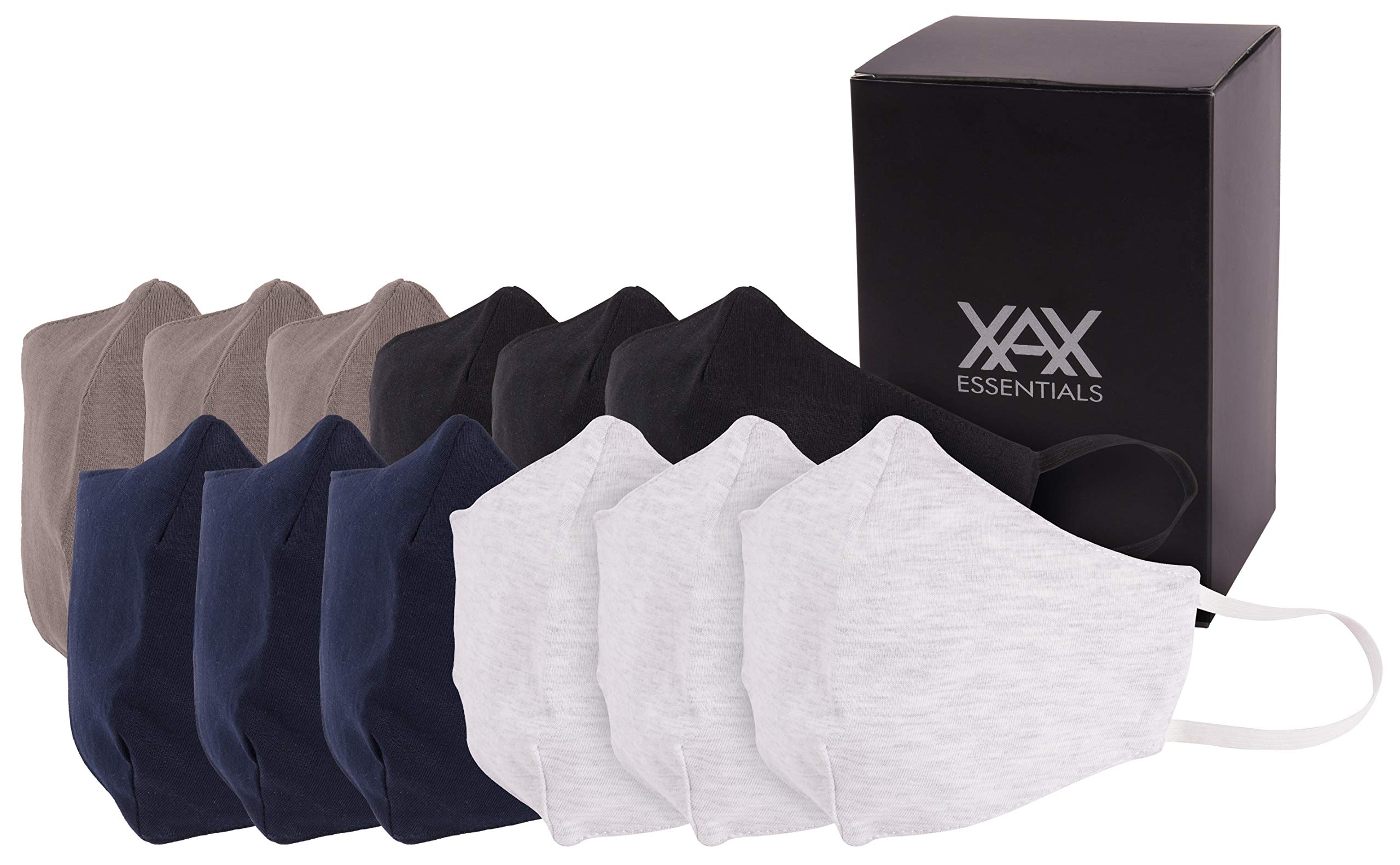 XAX 12 Pack 3 Layer Cotton Face Masks Washable Protective Facial Masks for Adult Black, Navy Blue, White and Grey (Assorted/Multi Colors)