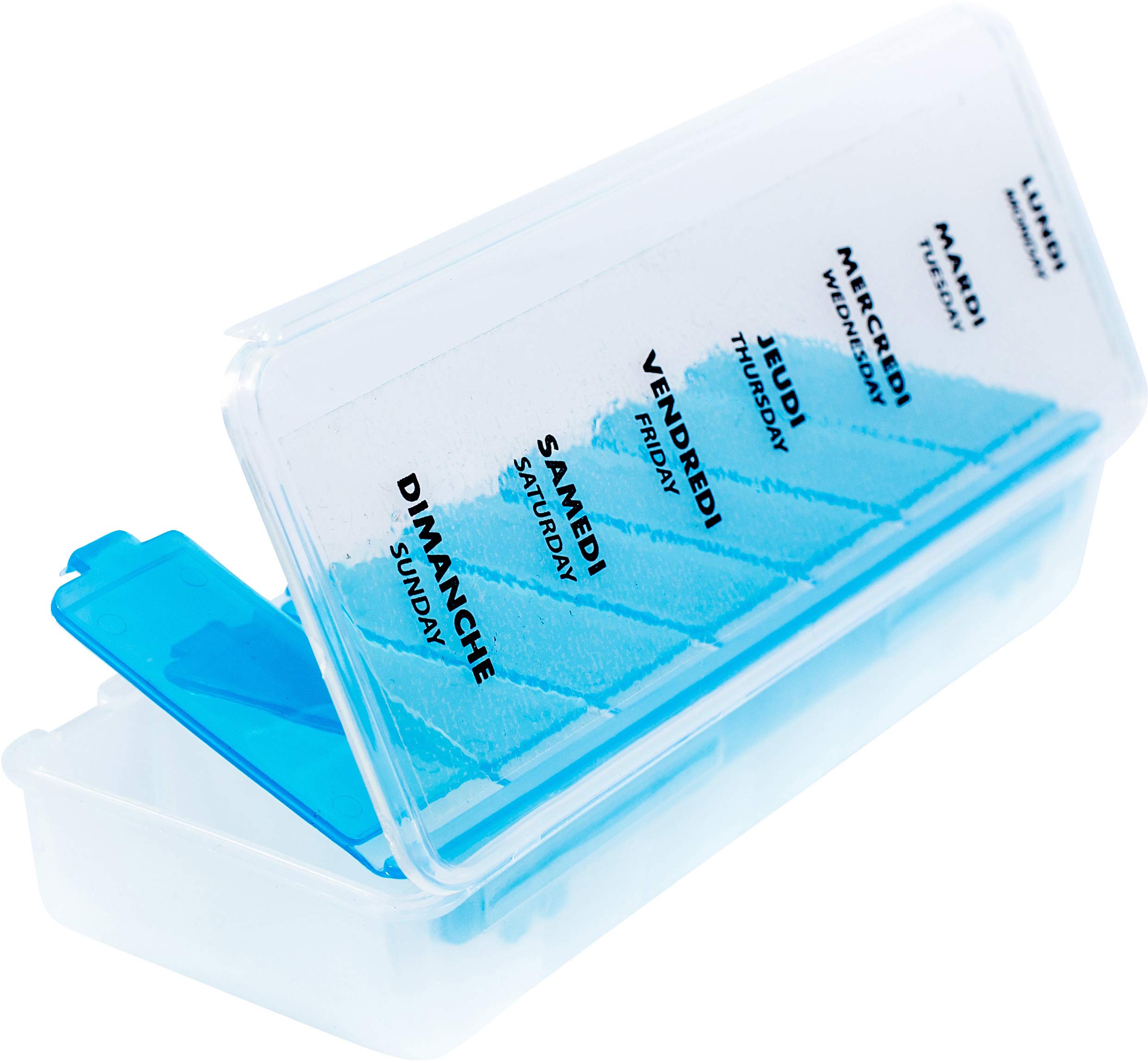 Cao 6528 7 Day Strong Pill Organiser with Protective Storage Box with Lid, Ideal for Hiking, Camping, Transparent/Blue, 16 x 6 x 2, 7 cm
