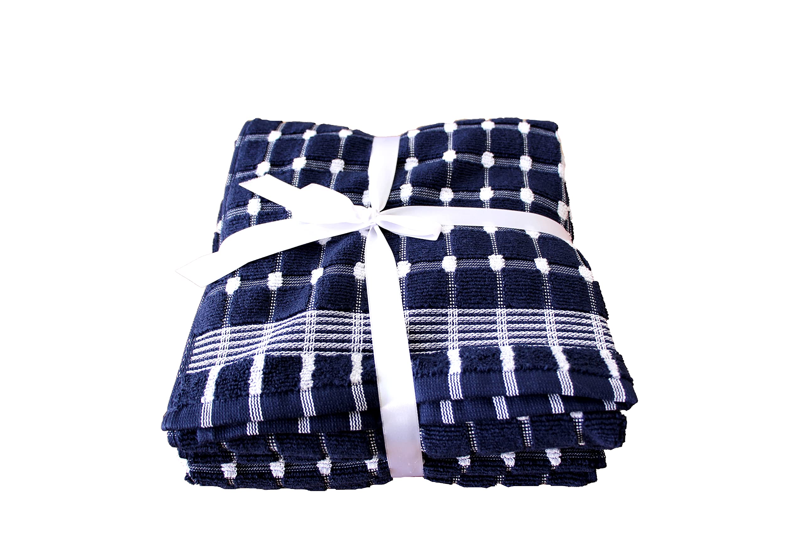 Extra Large 100% Turkish Cotton 50 x 80 cm Thick Kitchen Tea Towels Set of 4 Soft and Absorbent Ribbon Packed (Navy Blue)