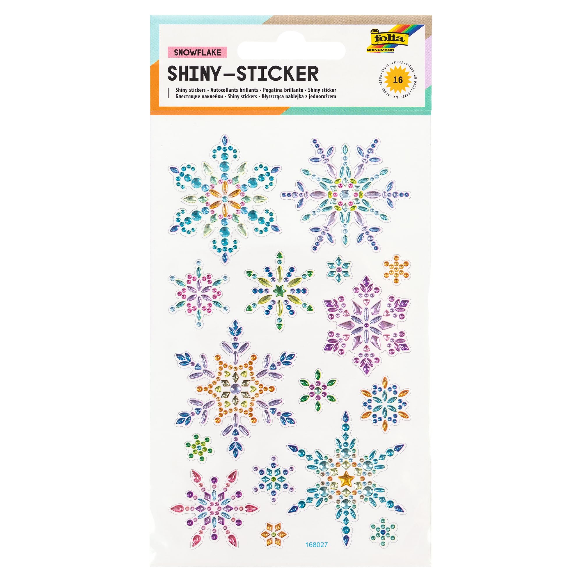 folia 18306 Shiny, Snowflake, 16 Stickers, Made of Colourful Rhinestones, in Different Designs, Easy to Peel Off The Film, one Size