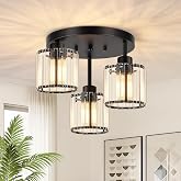 Btvsd 3-Light Crystal Semi Flush Mount Ceiling Light, Black Kitchen Lighting Fixtures Ceiling, Modern Hallway Light Fixtures with Clear Crystal Shades, Close to Ceiling Lamp for Bedroom Foyer Entryway