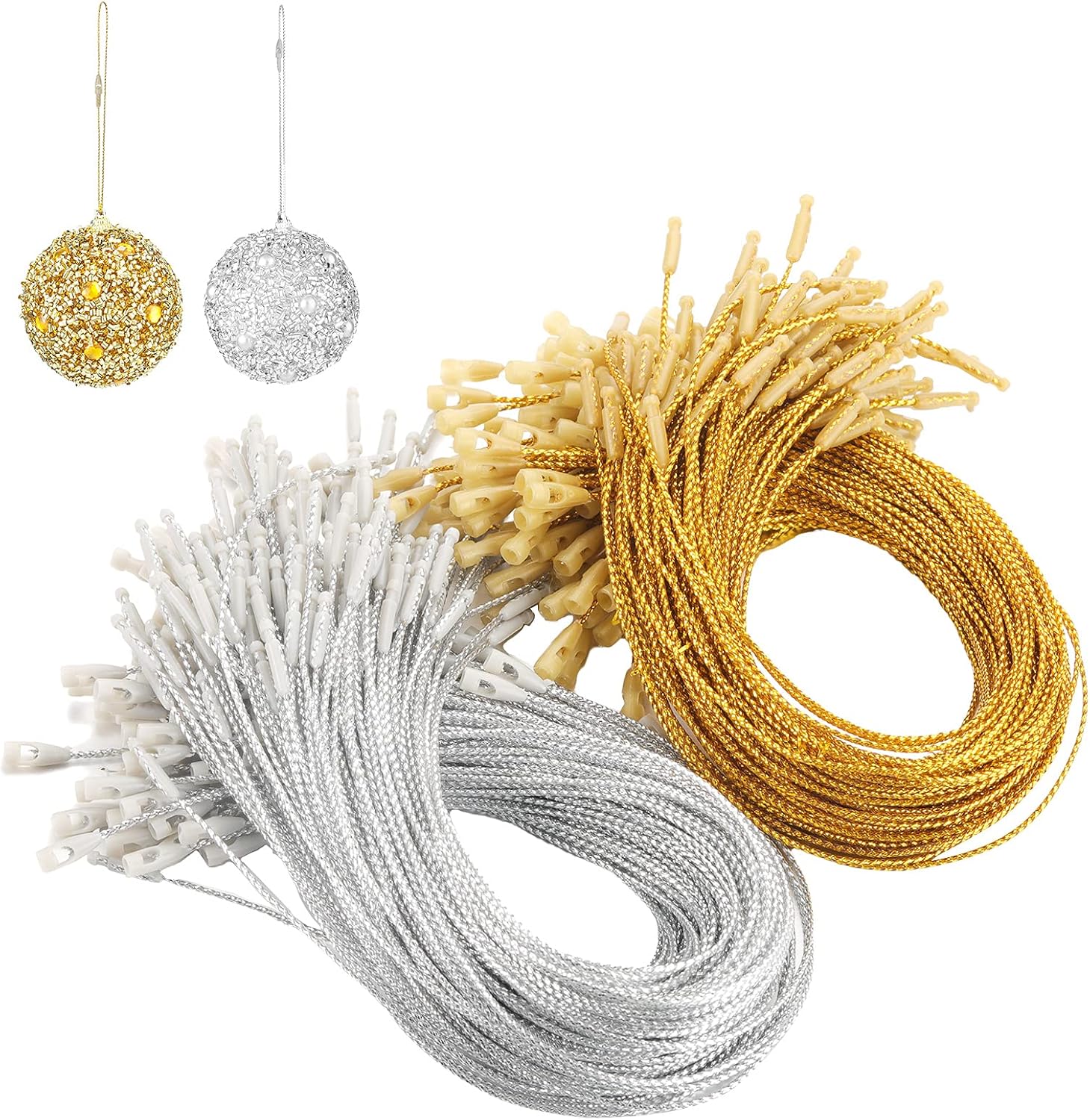 Ornament Hooks - Ornament Hangers Snap Locking Ropes Hang Tag Ornament Fasteners Precut Hanging Ropes Fasteners for Christmas Halloween Holiday Ornament Decorations (Gold, Silver, 400 Pieces)