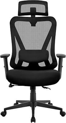Bürostuhl ergonomischer schreibtischstuhl mit Verstellbarer Kopfstütze & Lendenwirbelstütze, atmungsaktiver Netzstuhl mit breitem Sitz, S-förmige Rückenlehne, 360° drehbar Schwarz
