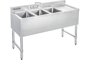 DuraSteel 3 Compartment Under Bar Sink - CEC & NSF 304 Stainless Steel 3 Bay Utility Sink with No Lead Faucet - 48" L x 19" W x 33" H - Right Drainboard Commercial Restaurant Grade