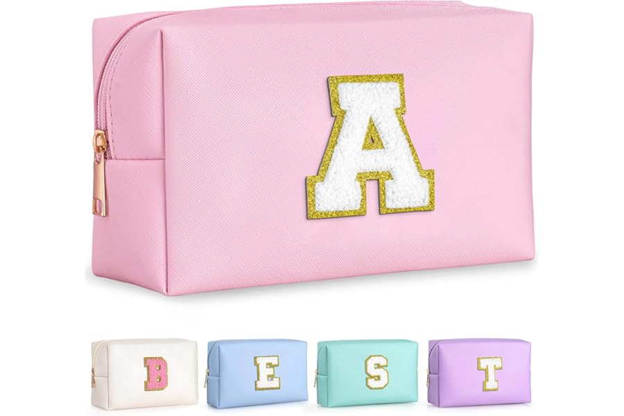 TOPEAST Initial Makeup Bag – Christmas Gifts for Teen Girls Kids, Birthday Gifts for 4 5 6 7 8 9 10 11 12 Year Old Teen Girls, Personalized Preppy Cosmetic Bags Toiletry Bag (Pink A)