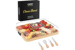 CAWIU Portable Travel Charcuterie Board with Lid and Handle - Large Bamboo Cheese Board with 4 Cheese Knife Set for Outdoor, 