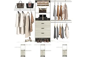 Armocity 96 Inches Closet System, 8FT Walk In Closet Organizer with 3 Shelving Towers, Heavy Duty Clothes Rack with 3 Drawers, Built-In Garment Rack, 96"L x 16"W x 75"H, Load 1000 LBS, White Oak