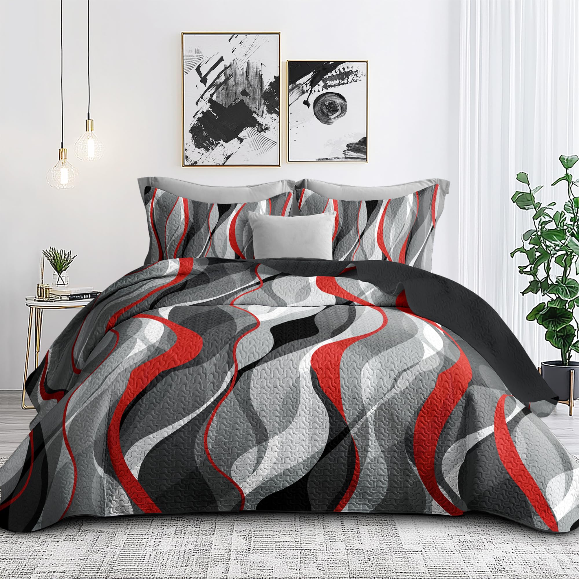 Photo 1 of Classic Line Pattern Bedding Quilt Queen Size Modern Grey Red and Black Stripe Quilt with 2 Shams, Gray and Red Comforter Sets Lightweight Breathable Bedspreads Coverlet, 90''x96''