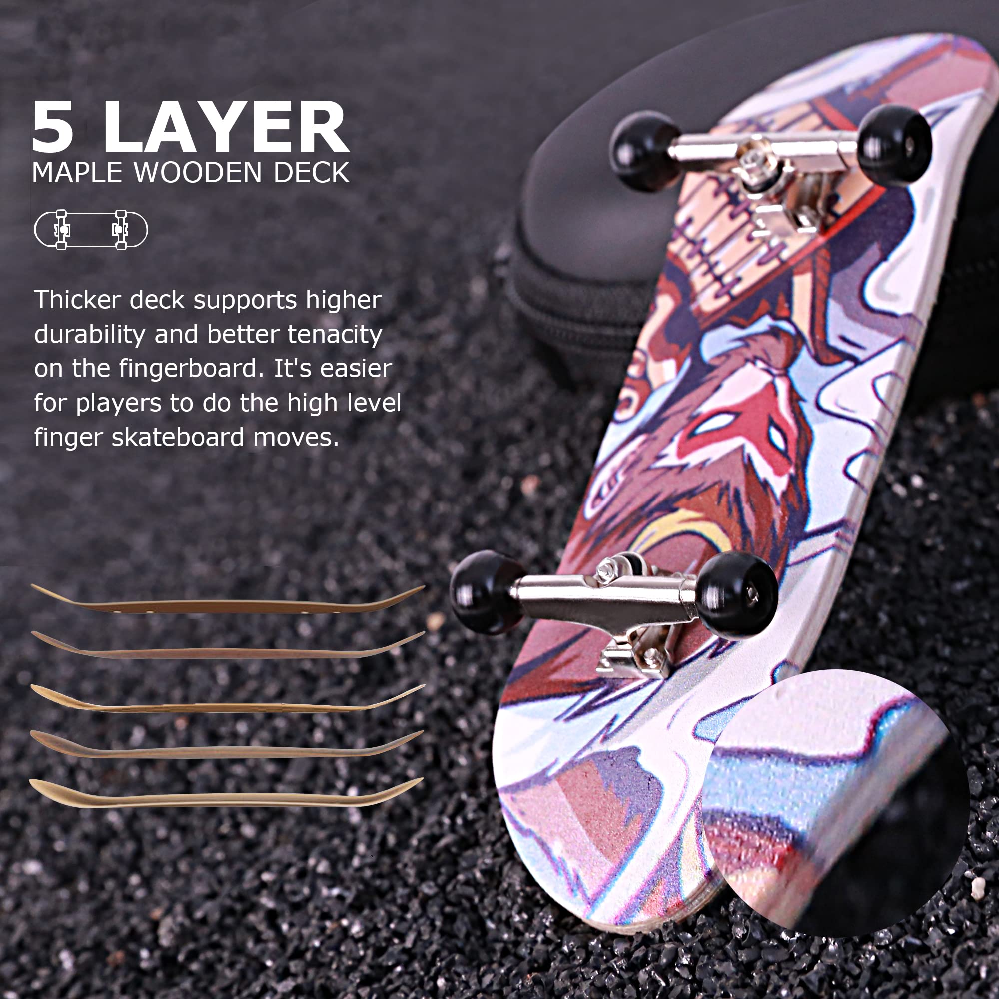 Professional Complete Wooden Fingerboard 32/34mm 5-Ply Maple Finger Skateboard with Upgraded Components (M-King)