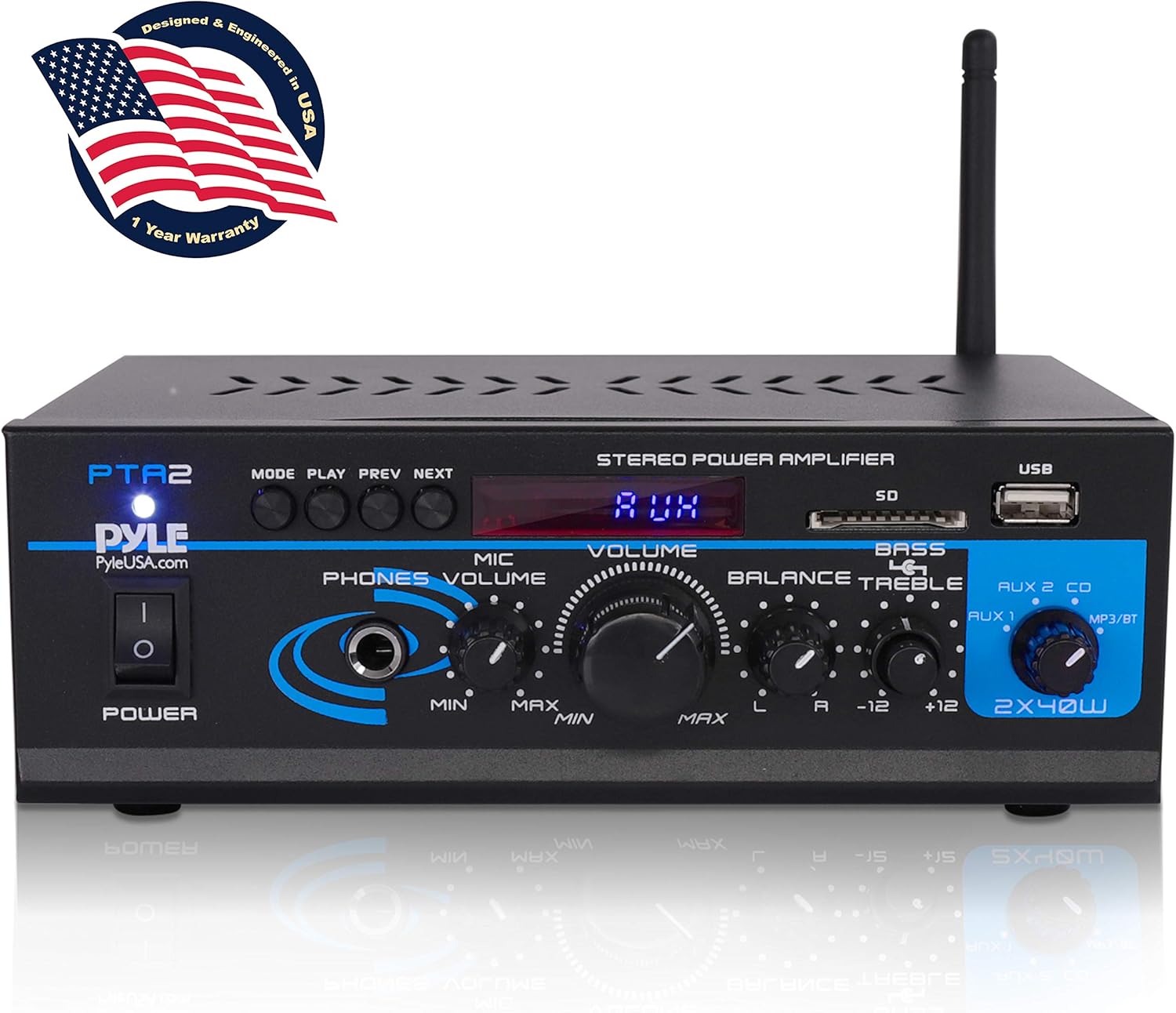 Bluetooth Mini Blue Series Home Audio Amplifier - Compact Desktop Home Theater Stereo Amplifier Receiver with USB Charge Port | Pager & Mixer Karaoke Modes | Mic Input (40 Watt x 2) | Pyle PTA22BT, 2X2X2: Home Audio & Theater