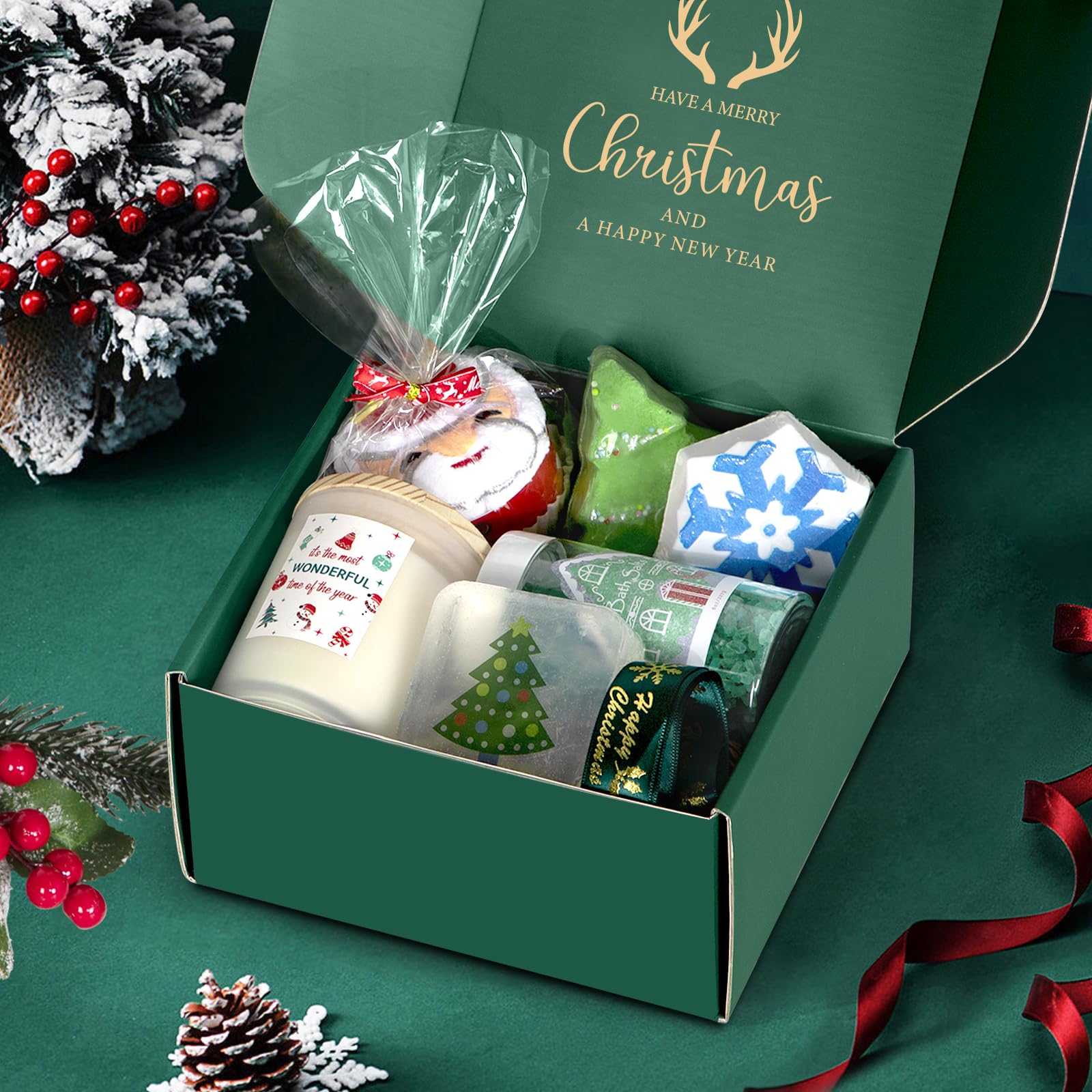 Christmas Spa Gifts for Women - Christmas Gift Ideas, Christmas Candles Gift, Christmas Gift Baskets for Women, Mom, Sister, Wife, Friend with Candle, Bath Bombs, Bath Salt, Soaps, Christmas Packaging
