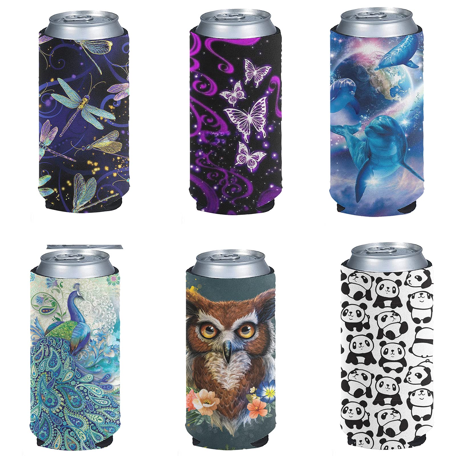 Jeiento Animal Can Sleeves Soft Insulator for Tall Beverage, Beer Cans Cooler, Cooize Skinny Insulators Covers for Energy Cover 6 Pack Dragonfly/Butterfly/Dolphin/Peacock/Owl/Panda Pattern