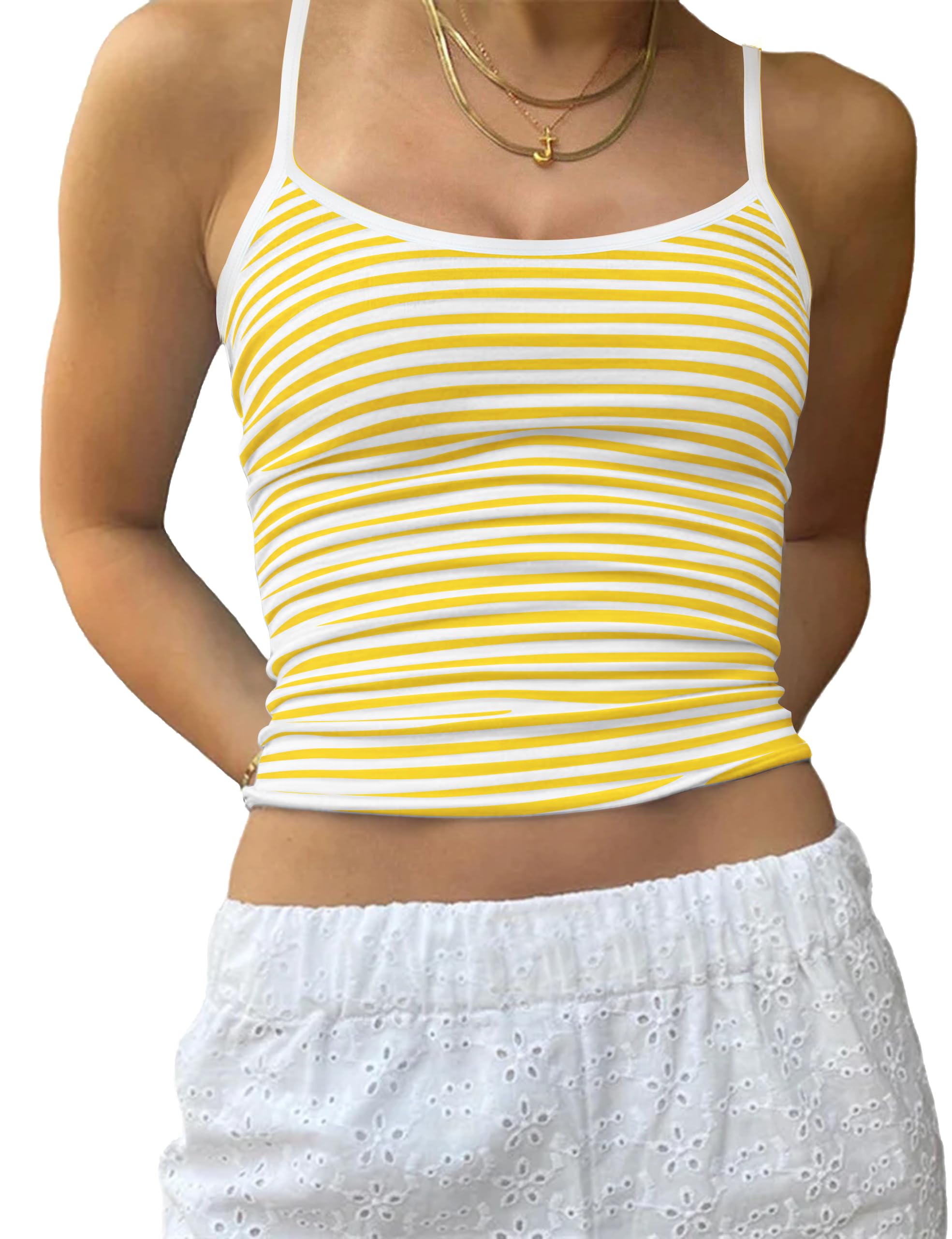 Photo 1 of AKLOPVII Women Y2K Striped Colorblock Spaghetti Strap Crop Cami Tank Sleeveless Backless Aesthetic Going Out Tops Girls Yellow