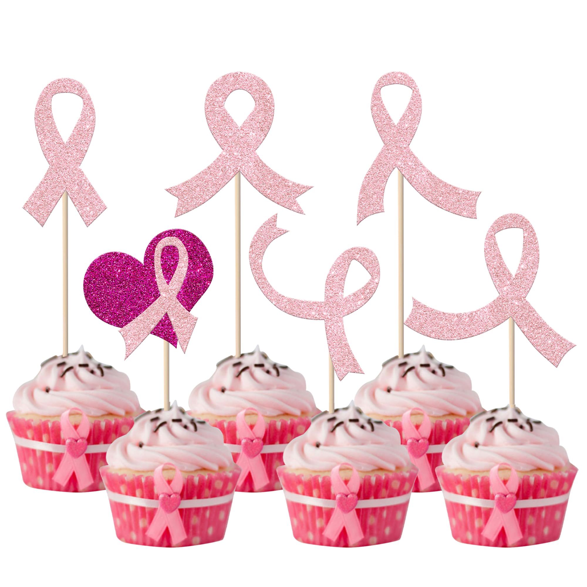 Xsstarmi 24 Pack Breast Cancer Awareness Cupcake Toppers Glitter Pink Ribbon Fight Believe Hope Cupcake Picks Decorations for Pink Ribbon Breast Cancer Party Cake Decorations