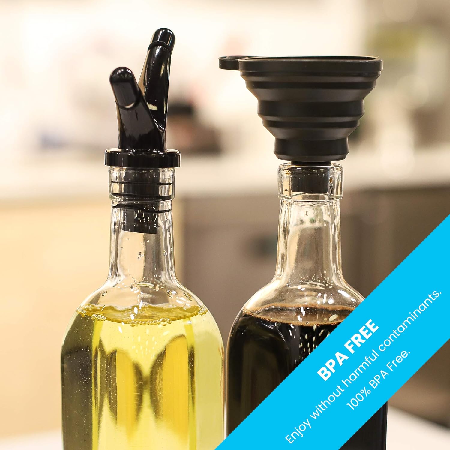 Zeppoli Oil and Vinegar Bottle Dispenser Set with Stainless Steel Rack and Removable Cork - Dual Spout, Pouring Funnel, 4 Spout Seals, 17 oz Olive Oil Bottle and Vinegar Glass Set: Kitchen & Dining