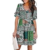 AUNEAL Summer Dresses for Women 2026 Loose V Neck Ruffle Sleeve Tiered Flowy Casual A Line Mini Beach Dress with Pockets