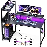 ODK Reversible Gaming Desk LED Lights, 40 Inch Computer Desk with Storage Shelves & Monitor Stand, Study Table for Home Office, Small Space Bedroom, Carbon Fiber Black