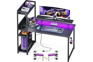 ODK Reversible Gaming Desk LED Lights, 40 Inch Computer Desk with Storage Shelves & Monitor Stand, Study Table for Home Office, Small Space Bedroom, Carbon Fiber Black